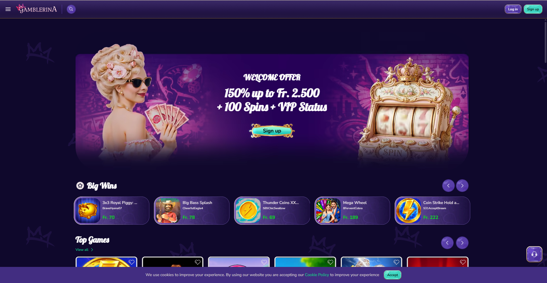 Gamblerina casino home page